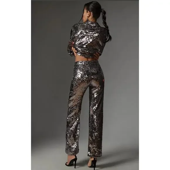 NWT Good American Gray Silver Sequin Wide-Leg Pants - Small - Picture 6 of 7